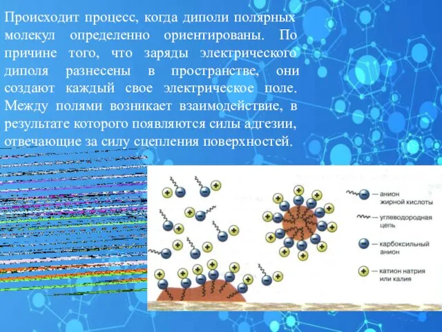 Происходит процесс, когда диполи полярных молекул определенно ориентированы. По причине того,