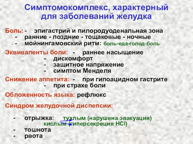 Симптомокомплекс, характерный для заболеваний желудка Боль: - эпигастрий и пилородуоденальная зона