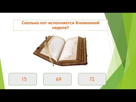 Сколько лет исполняется Книжкиной неделе? 15 69 72