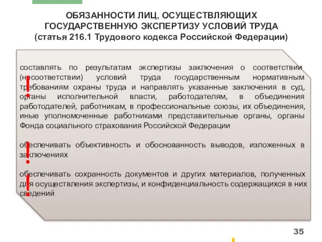 ОБЯЗАННОСТИ ЛИЦ, ОСУЩЕСТВЛЯЮЩИХ ГОСУДАРСТВЕННУЮ ЭКСПЕРТИЗУ УСЛОВИЙ ТРУДА (статья 216.1 Трудового кодекса