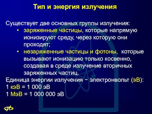 Тип и энергия излучения Существует две основных группы излучения: заряженные частицы,