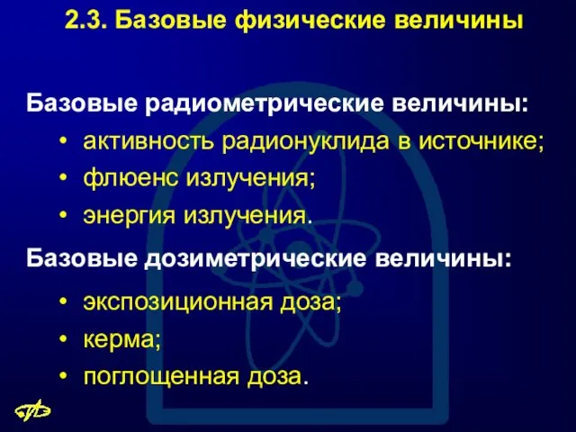 2.3. Базовые физические величины Базовые радиометрические величины: активность радионуклида в источнике;