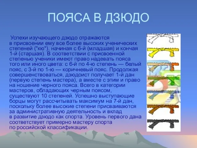 ПОЯСА В ДЗЮДО Успехи изучающего дзюдо отражаются в присвоении ему все