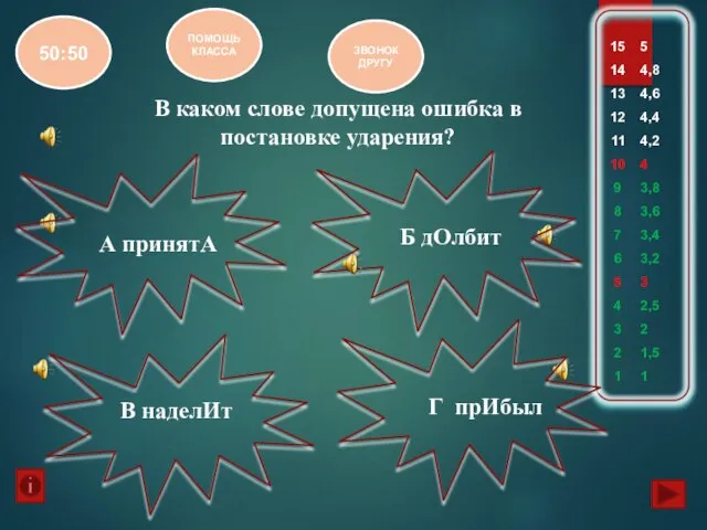 В каком слове допущена ошибка в постановке ударения? А принятА В