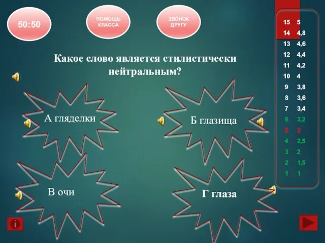 Какое слово является стилистически нейтральным? А гляделки В очи Б глазища