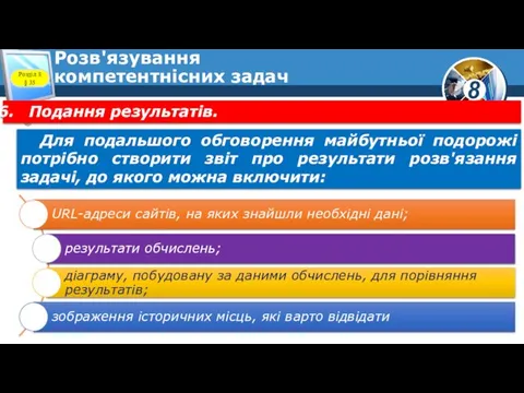 Розв'язування компетентнісних задач Подання результатів. Для подальшого обговорення майбутньої подорожі потрібно