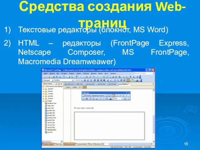 Средства создания Web-траниц Текстовые редакторы (блокнот, MS Word) HTML – редакторы