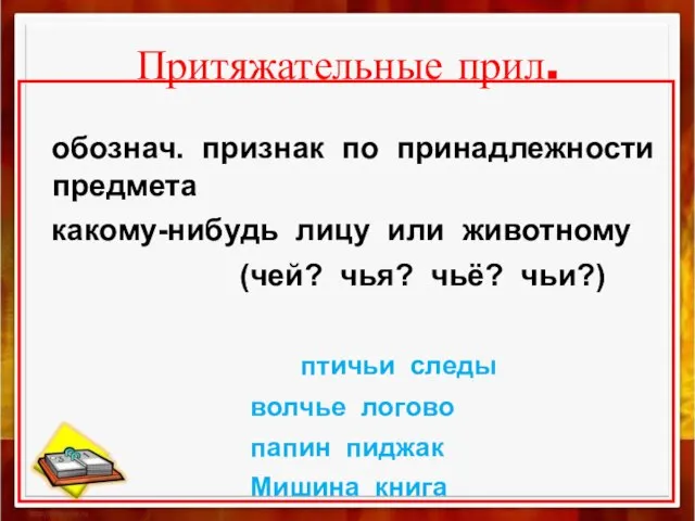 Притяжательные прил. обознач. признак по принадлежности предмета какому-нибудь лицу или животному