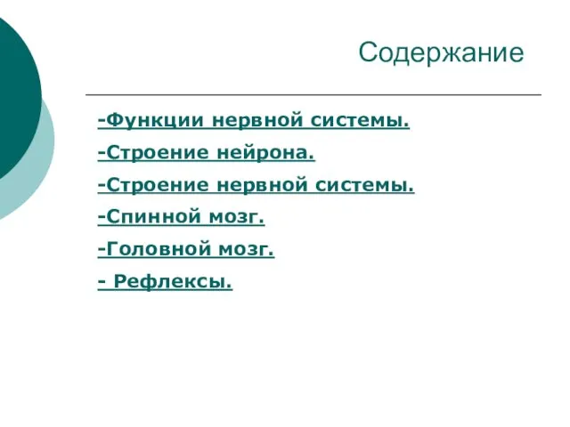 Содержание -Функции нервной системы. -Строение нейрона. -Строение нервной системы. -Спинной мозг. -Головной мозг. - Рефлексы.