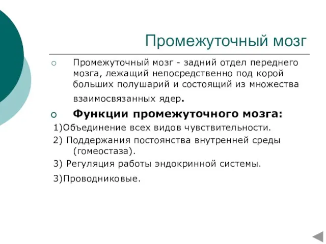 Промежуточный мозг Промежуточный мозг - задний отдел переднего мозга, лежащий непосредственно