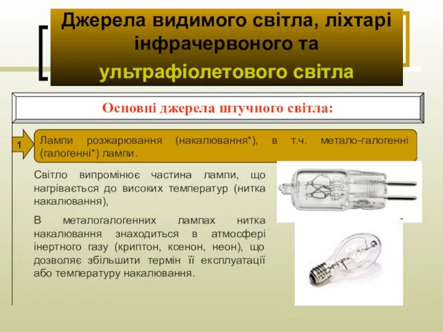 Джерела видимого світла, ліхтарі інфрачервоного та ультрафіолетового світла Основні джерела штучного