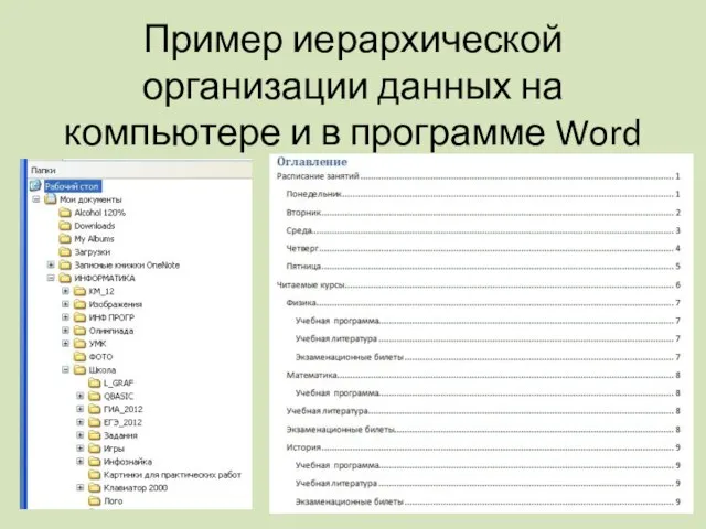 Пример иерархической организации данных на компьютере и в программе Word