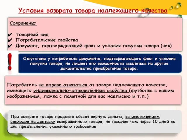 Условия возврата товара надлежащего качества Сохранены: Товарный вид Потребительские свойства Документ,