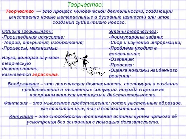 Творчество: Творчество — это процесс человеческой деятельности, создающий качественно новые материальные