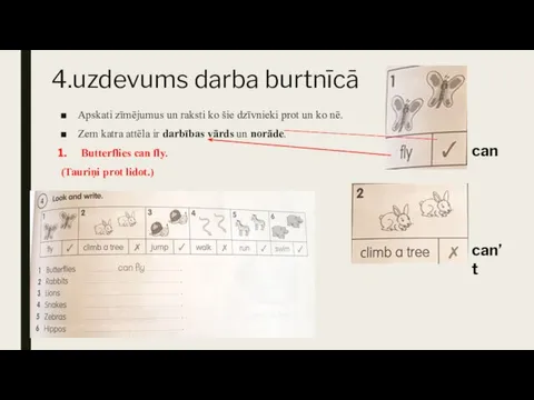 4.uzdevums darba burtnīcā Apskati zīmējumus un raksti ko šie dzīvnieki prot