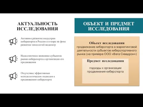 ОБЪЕКТ И ПРЕДМЕТ ИССЛЕДОВАНИЯ Объект исследования продвижение киберспорта в маркетинговой деятельности