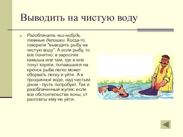 Выводить на чистую воду Разоблачать чьи-нибудь темные делишки. Когда-то говорили "выводить