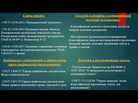 Своды правил: - СП 37.13330.2012 «Промышленный транспорт» ; - СП 18.13330.2019