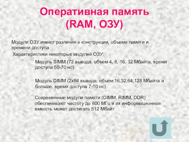 Оперативная память (RAM, ОЗУ) Модули ОЗУ имеют различия в конструкции, объеме