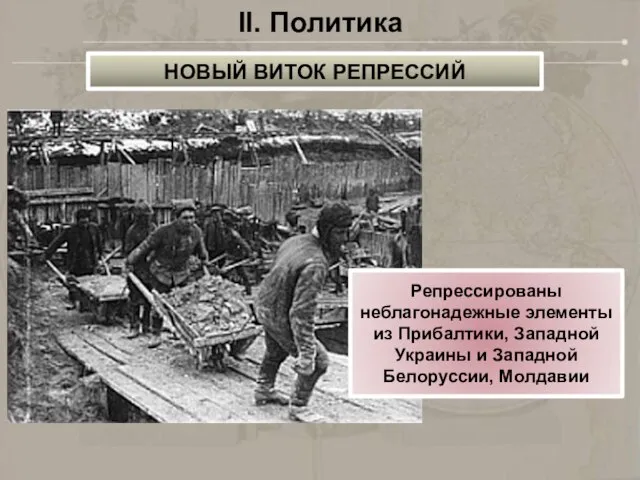 II. Политика Репрессированы неблагонадежные элементы из Прибалтики, Западной Украины и Западной Белоруссии, Молдавии НОВЫЙ ВИТОК РЕПРЕССИЙ