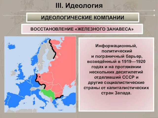 III. Идеология ВОССТАНОВЛЕНИЕ «ЖЕЛЕЗНОГО ЗАНАВЕСА» Информационный, политический и пограничный барьер, возведённый