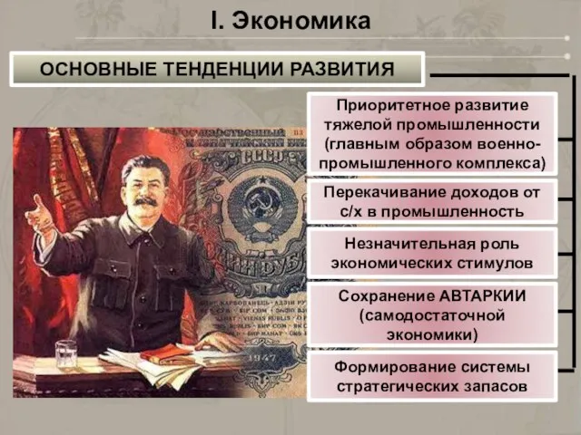 I. Экономика ОСНОВНЫЕ ТЕНДЕНЦИИ РАЗВИТИЯ Приоритетное развитие тяжелой промышленности (главным образом