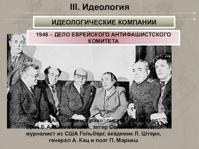 III. Идеология 1948 – ДЕЛО ЕВРЕЙСКОГО АНТИФАШИСТСКОГО КОМИТЕТА ИДЕОЛОГИЧЕСКИЕ КОМПАНИИ Члены