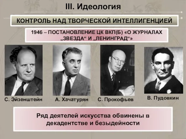 III. Идеология 1946 – ПОСТАНОВЛЕНИЕ ЦК ВКП(Б) «О ЖУРНАЛАХ „ЗВЕЗДА“ И