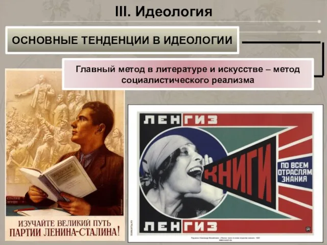 III. Идеология ОСНОВНЫЕ ТЕНДЕНЦИИ В ИДЕОЛОГИИ Главный метод в литературе и искусстве – метод социалистического реализма