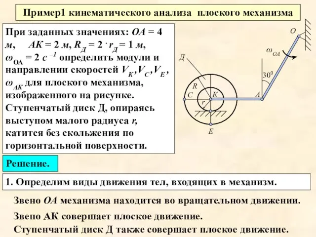 Пример1 кинематического анализа плоского механизма При заданных значениях: ОА = 4