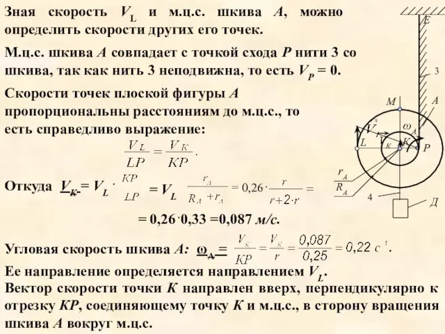 Зная скорость VL и м.ц.с. шкива А, можно определить скорости других