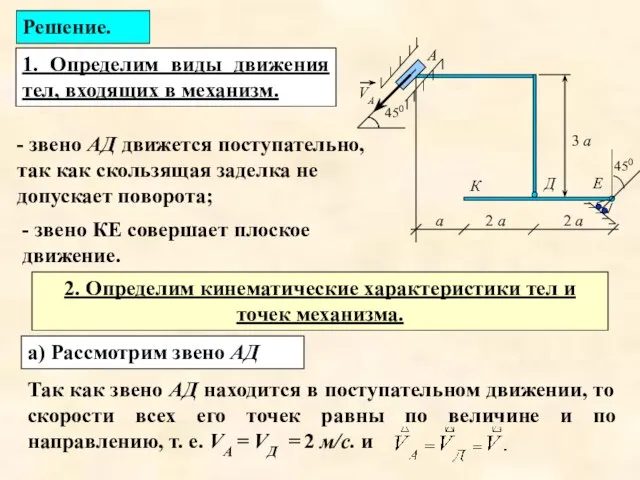 1. Определим виды движения тел, входящих в механизм. Решение. - звено