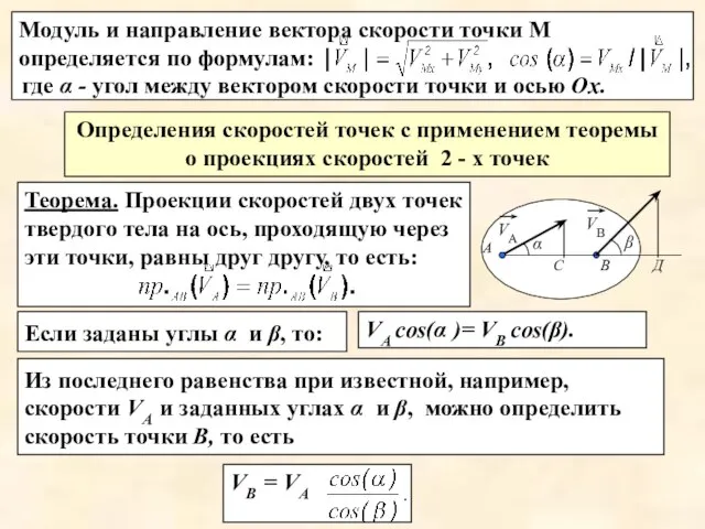 Модуль и направление вектора скорости точки М определяется по формулам: VВ