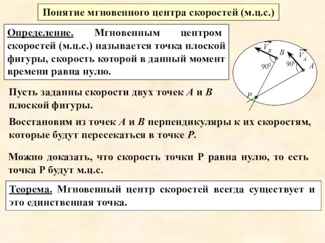 Понятие мгновенного центра скоростей (м.ц.с.) Определение. Мгновенным центром скоростей (м.ц.с.) называется