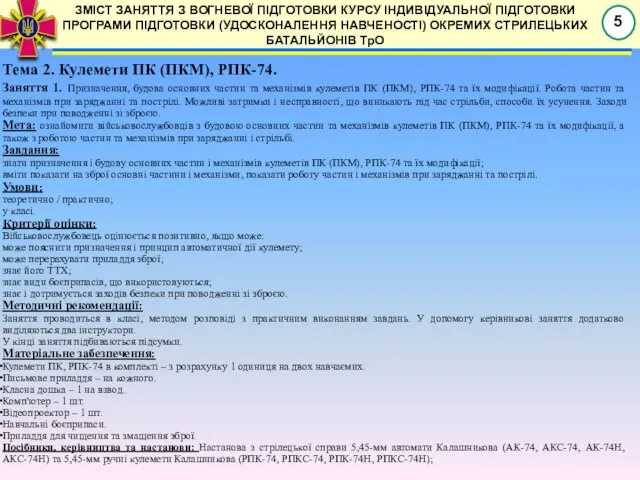 ЗМІСТ ЗАНЯТТЯ З ВОГНЕВОЇ ПІДГОТОВКИ КУРСУ ІНДИВІДУАЛЬНОЇ ПІДГОТОВКИ ПРОГРАМИ ПІДГОТОВКИ (УДОСКОНАЛЕННЯ