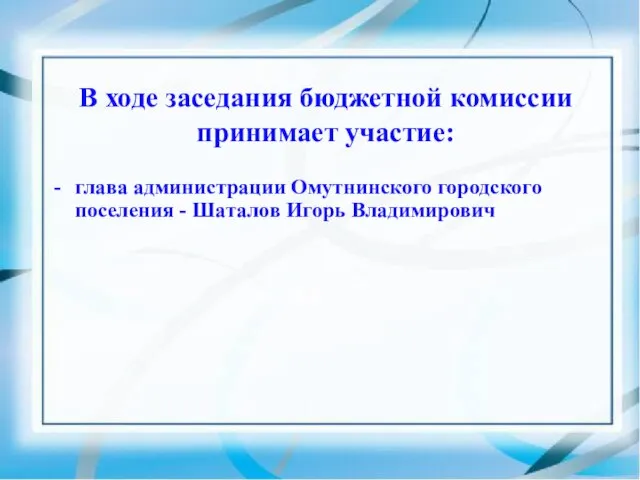 В ходе заседания бюджетной комиссии принимает участие: глава администрации Омутнинского городского поселения - Шаталов Игорь Владимирович