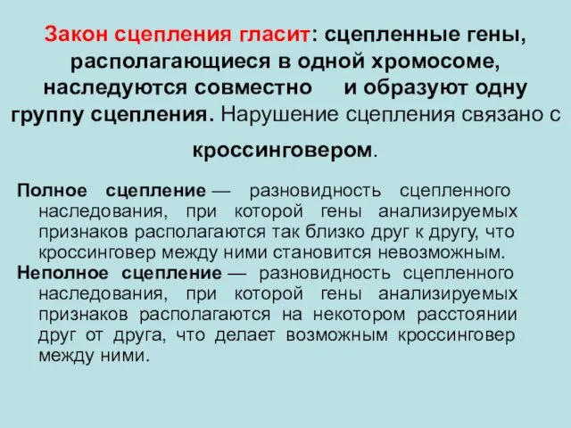 Закон сцепления гласит: сцепленные гены, располагающиеся в одной хромосоме, наследуются совместно