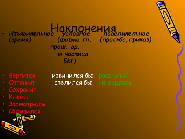 Наклонения Изъявительное условное повелительное (время) (форма гл. (просьба,приказ) прош. вр. и