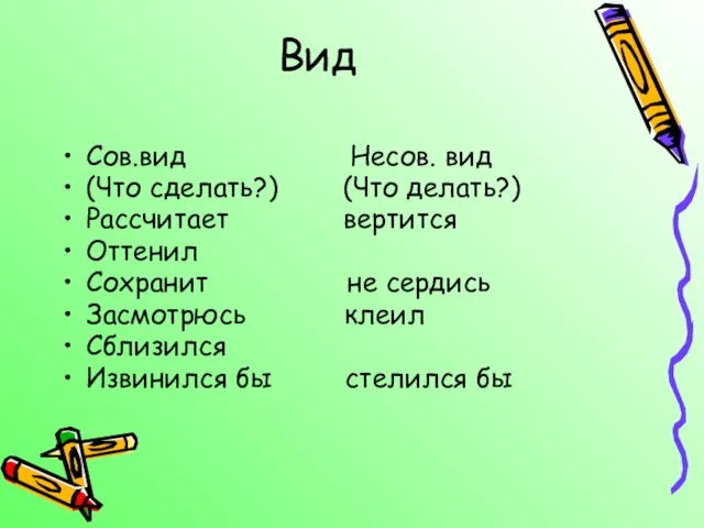 Вид Сов.вид Несов. вид (Что сделать?) (Что делать?) Рассчитает вертится Оттенил