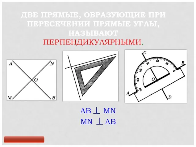 ДВЕ ПРЯМЫЕ, ОБРАЗУЮЩИЕ ПРИ ПЕРЕСЕЧЕНИИ ПРЯМЫЕ УГЛЫ, НАЗЫВАЮТ ПЕРПЕНДИКУЛЯРНЫМИ. AB MN MN AB