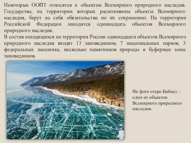 Некоторые ООПТ относятся к объектам Всемирного природного наследия. Государства, на территории