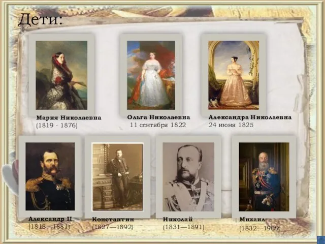 Дети: Мария Николаевна (1819 - 1876) Ольга Николаевна 11 сентября 1822