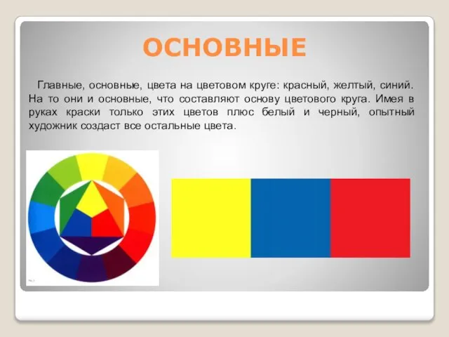 ОСНОВНЫЕ Главные, основные, цвета на цветовом круге: красный, желтый, синий. На