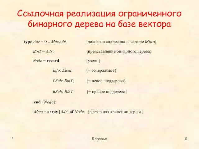 Ссылочная реализация ограниченного бинарного дерева на базе вектора * Деревья