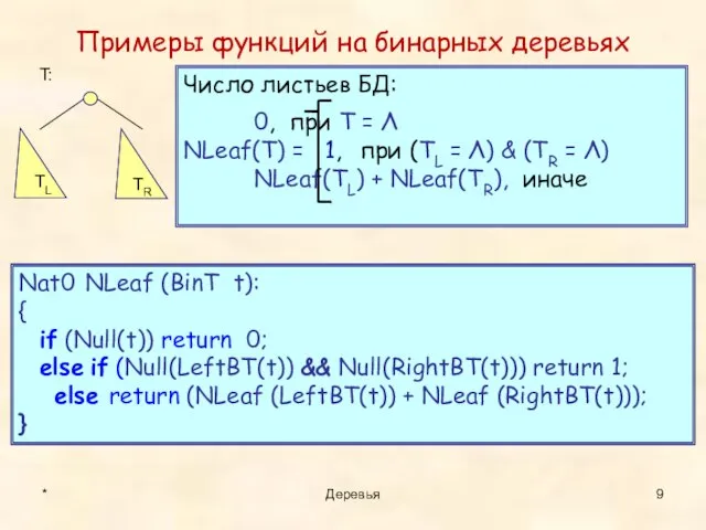 * Деревья Примеры функций на бинарных деревьях Nat0 NLeaf (BinT t):