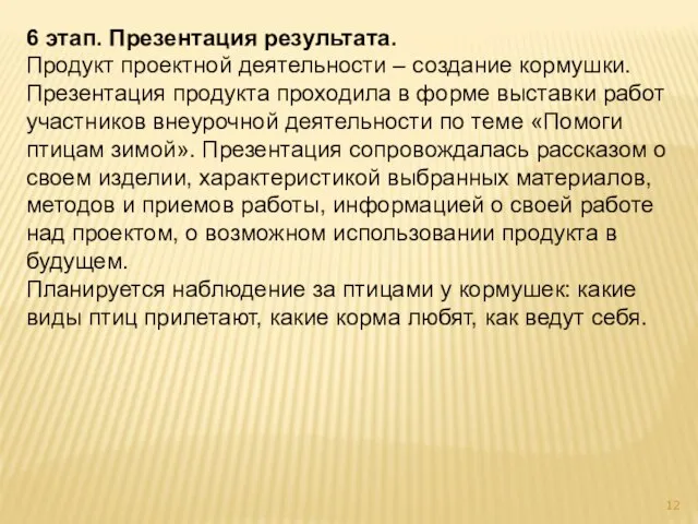 6 этап. Презентация результата. Продукт проектной деятельности – создание кормушки. Презентация