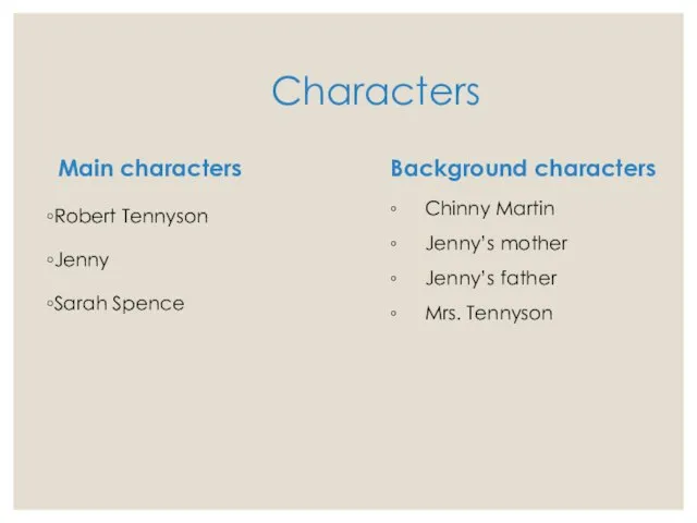 Main characters Robert Tennyson Jenny Sarah Spence Characters Background characters ◦