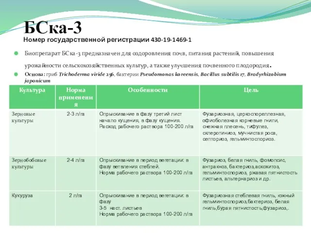 БСка-3 Номер государственной регистрации 430-19-1469-1 Биопрепарат БСка-3 предназначен для оздоровления почв,