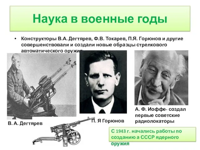 Наука в военные годы Конструкторы В.А. Дегтярев, Ф.В. Токарев, П.Я. Горюнов