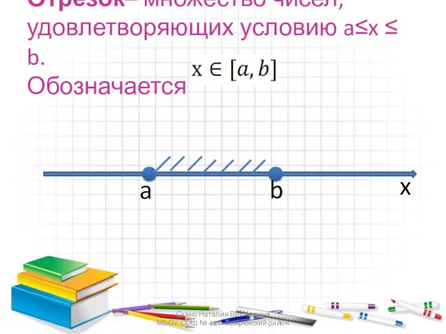 Отрезок– множество чисел, удовлетворяющих условию a≤x ≤ b. Обозначается a b